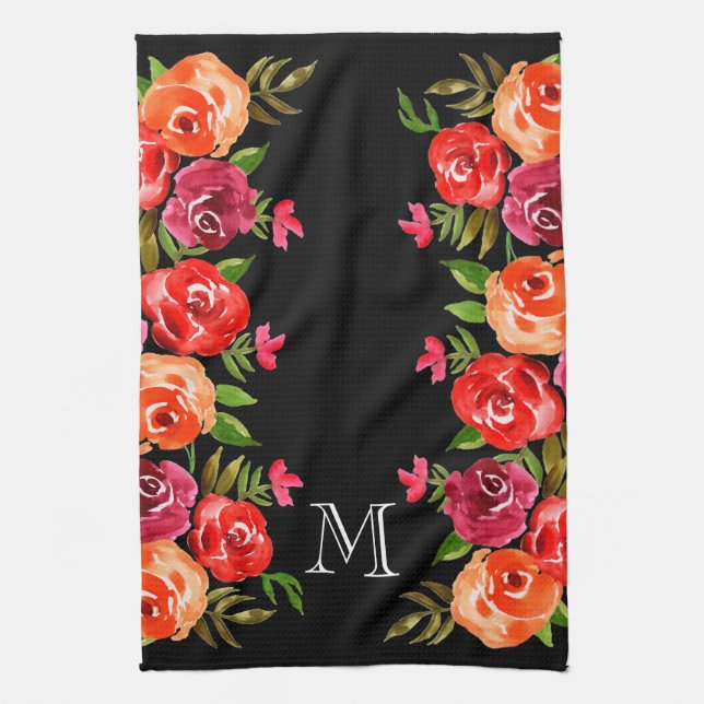 Linge De Cuisine Fleurs rose rouge orange sur noir (Vertical)