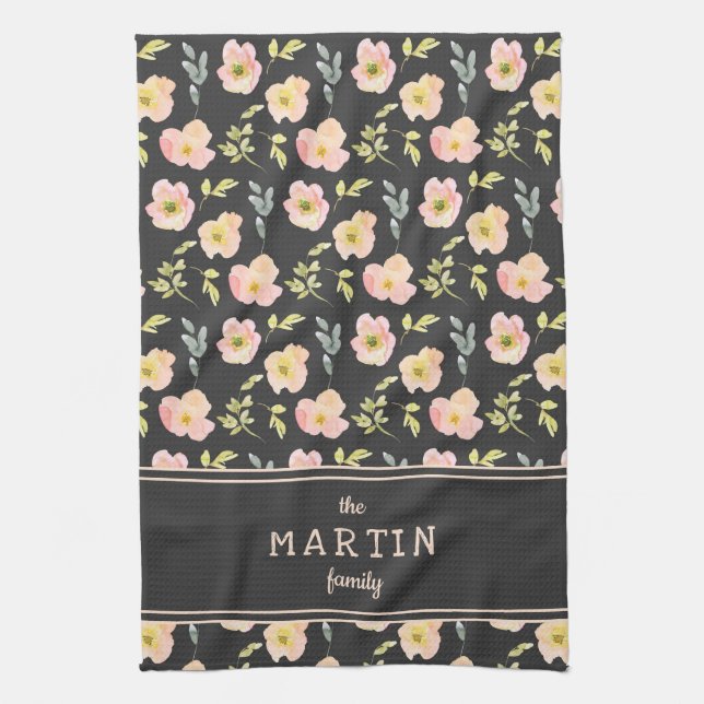 Linge De Cuisine Fleurs roses blanches Noir Personnalisé Nom de fam (Vertical)