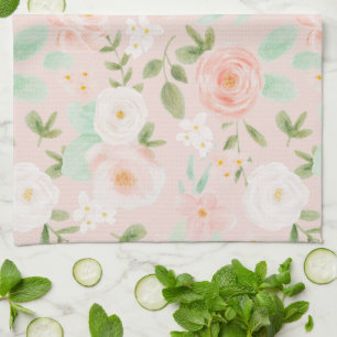 Linge De Cuisine Fleurs Roses d'aquarelle en rose et en rose