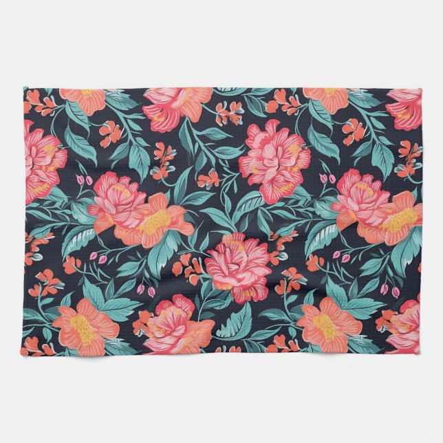 Linge De Cuisine Fleurs roses et coraux (Horizontal)