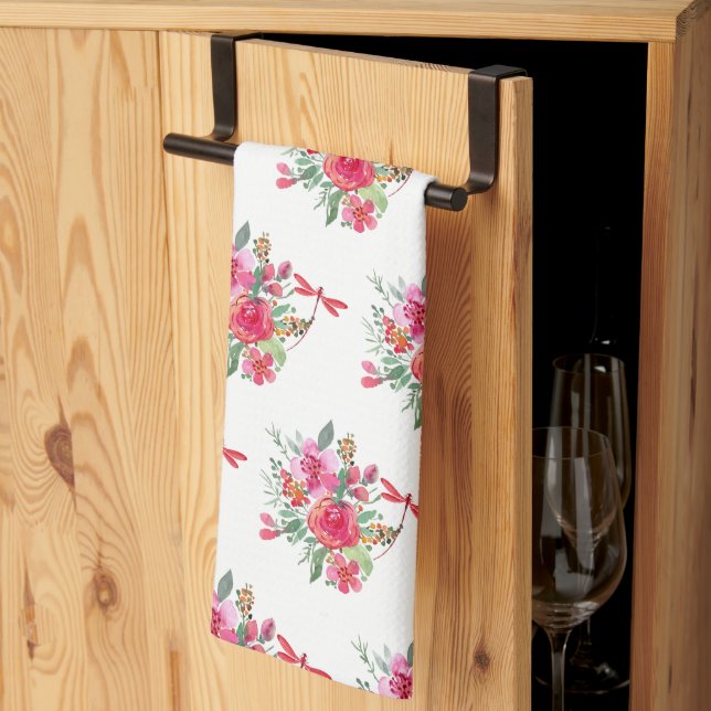 Linge De Cuisine Fleurs roses et libellules motif (Pliage en tiers)