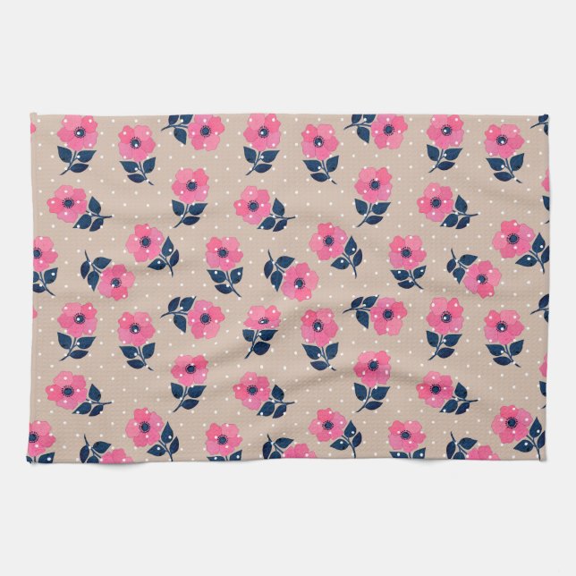 Linge De Cuisine Fleurs roses modernes Pois beige (Horizontal)