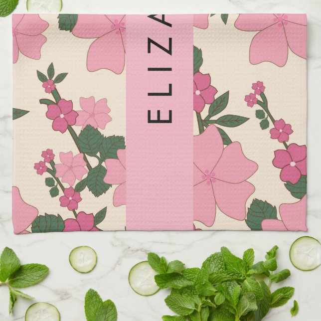 Linge De Cuisine Fleurs Roses, Motif De Fleurs, Votre Nom (Plié)