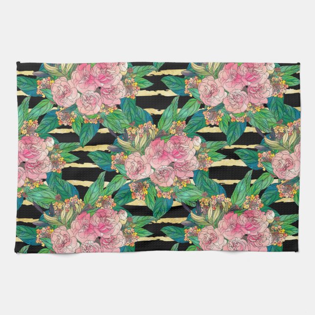 Linge De Cuisine Fleurs roses noires tendance Gold Stripes Botaniqu (Horizontal)
