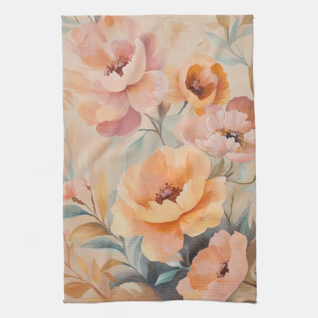 Linge De Cuisine Fleurs roses orange Aquarelle fleurit Élégant (Vertical)