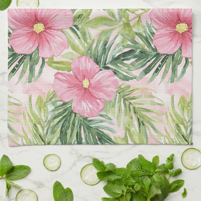 Linge De Cuisine Fleurs roses tropicales (Plié)