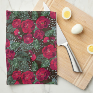 Linge De Cuisine Fleurs rouges, aquarelle motifs floraux.