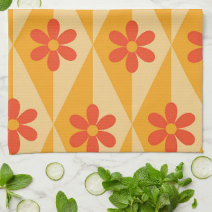 Linge De Cuisine Fleurs rouges rétro sur diamants orange vintage