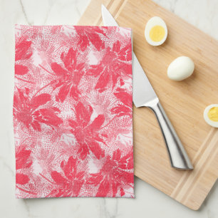 Linge De Cuisine Fleurs rouges sur blanc.