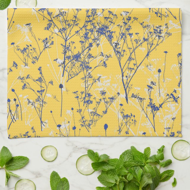 Linge De Cuisine Fleurs sauvages bleus Abstraits modernes sur mouta (Plié)