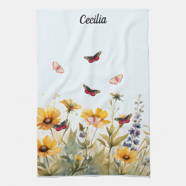 Linge De Cuisine Fleurs sauvages de prairie et papillons (Vertical)