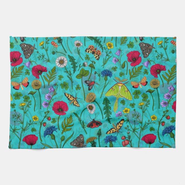 Linge De Cuisine Fleurs sauvages et papillons de nuit sur turquoise (Horizontal)