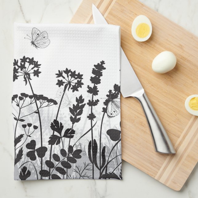 Linge De Cuisine Fleurs sauvages noires et blanches (Quart Plié)