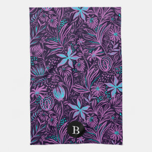 Linge De Cuisine Fleurs sauvages violettes et bleues   Monogramme
