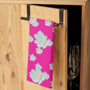 Linge De Cuisine Fleurs sur fond rose chaud