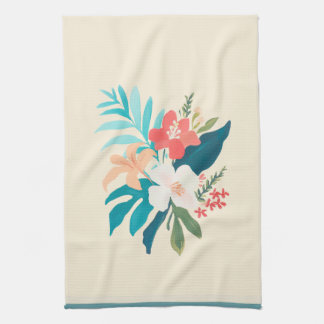 Linge De Cuisine Fleurs tropicales à l'aquarelle en corail et sarce