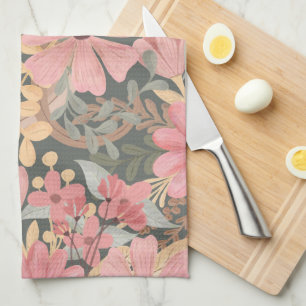Linge De Cuisine Fleurs vertes rose Sage Laisser Motif Aquarelle