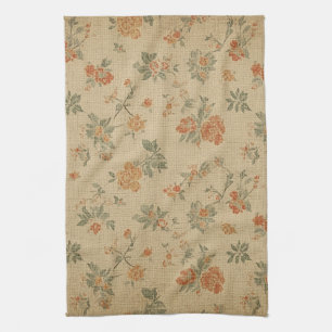 Linge De Cuisine Fleurs Vintage Orange Brûlée et Vert Sauge