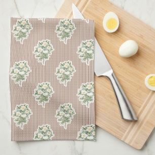 Linge De Cuisine Fleurs Vintage Roses Blanches Rayures Marron