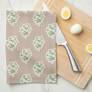 Linge De Cuisine Fleurs Vintage Roses Blanches Rayures Marron