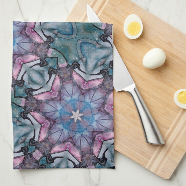 Linge De Cuisine Flocon de neige floral rose bleu vert (Quart Plié)