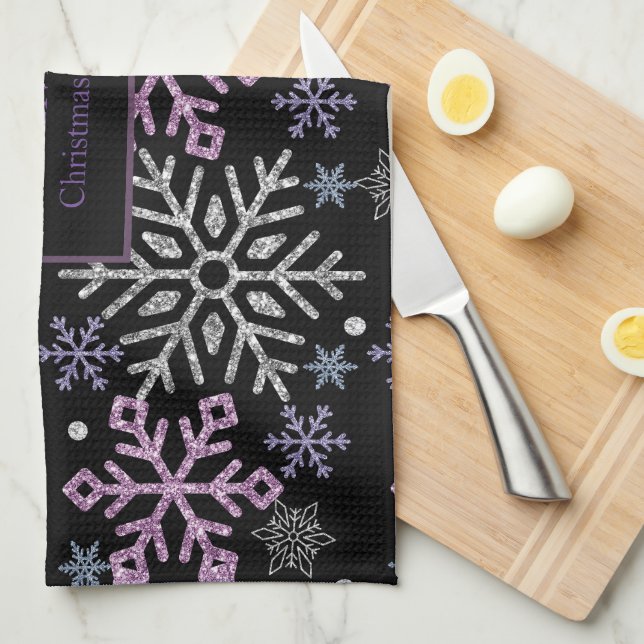 Linge De Cuisine Flocon de neige Noël violet argent (Quart Plié)