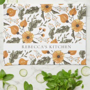 Linge De Cuisine Floral Botanique Motif Blanc Golden Personnalisé N