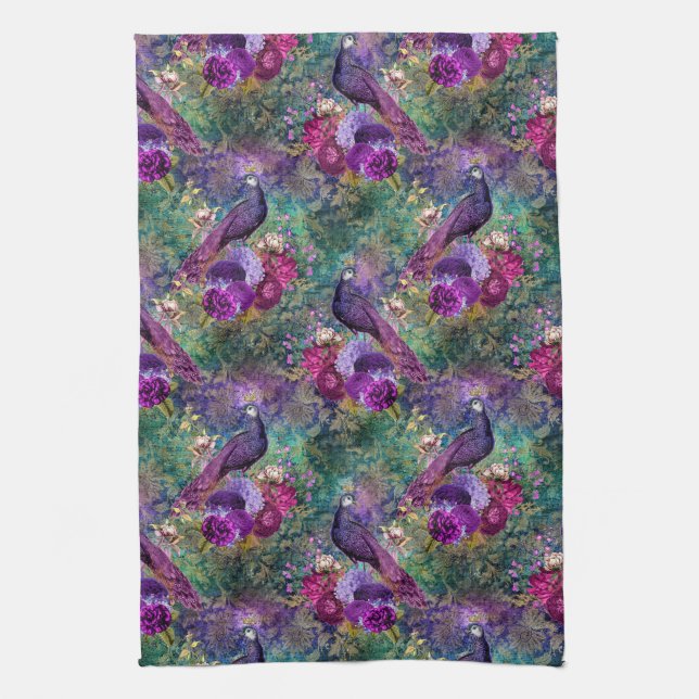 Linge De Cuisine Floral de Peacock rose pourpre (Vertical)