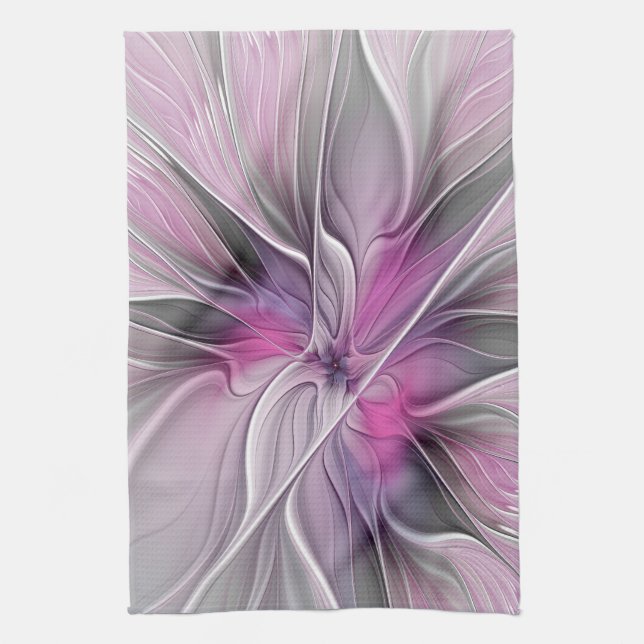 Linge De Cuisine Floral Fractal moderne Fleur Abstraite rose gris (Vertical)