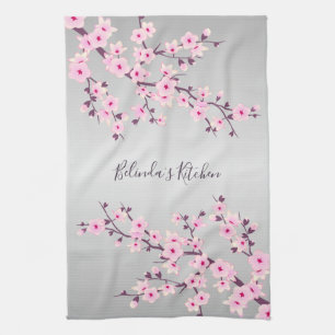 Linge De Cuisine Floral Gris rose cerise fleurs Personnaliser