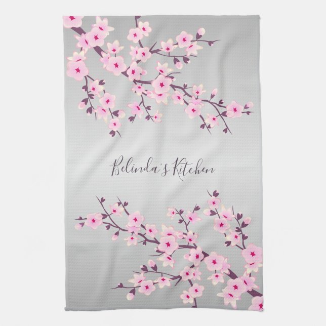 Linge De Cuisine Floral Gris rose cerise fleurs Personnaliser (Vertical)