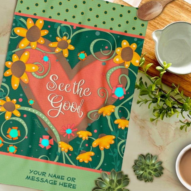 Linge De Cuisine Floral Heart Fun Voir La Bonne Citation Nom (Créateur téléchargé)