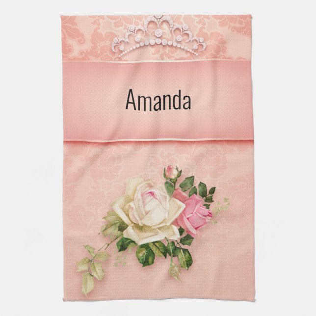 Linge De Cuisine Floral rose avec Diamond Tiara Princess Design (Vertical)