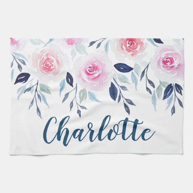 Linge De Cuisine Floral rose Roses Aquarelle Nom personnalisé (Horizontal)