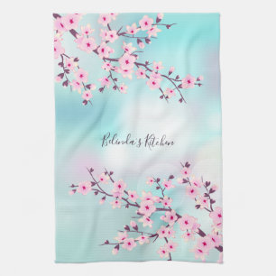 Linge De Cuisine Floral Rose Turquoise Cherry Blossom Ajouter Nom