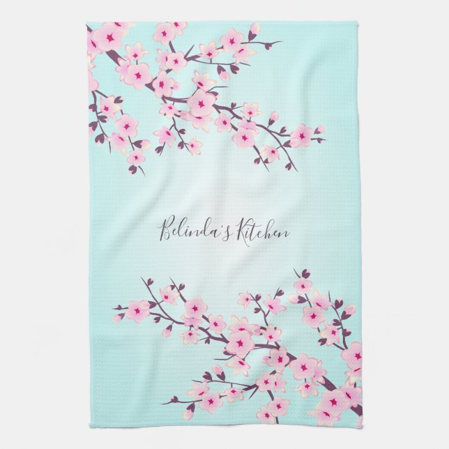 Linge De Cuisine Floral rose Turquoise Fleurs de cerisiers Personna (Vertical)