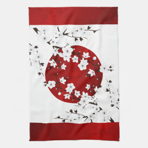 Linge De Cuisine Floral Rouge Et Blanc Fleurs De Cerisier Soleil Le