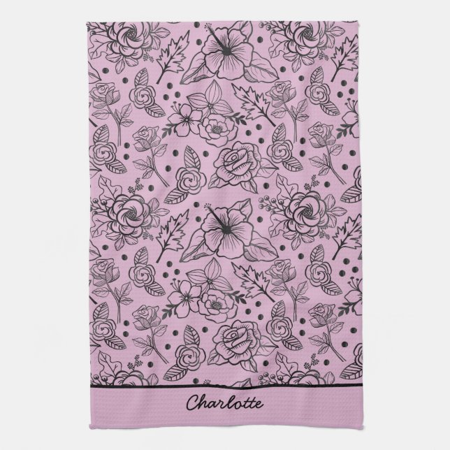 Linge De Cuisine Floral sans couture motif violet nom personnalisé (Vertical)