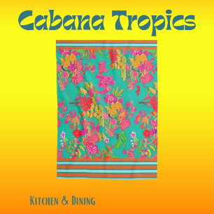 Linge De Cuisine Florales tropicales Turquoise, Orange, Jaune avec