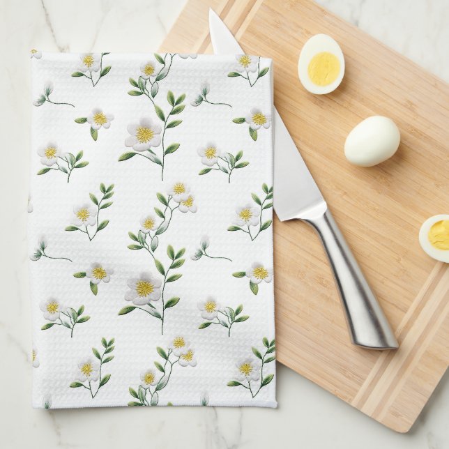 Linge De Cuisine Flore blanc de marguerite (Quart Plié)