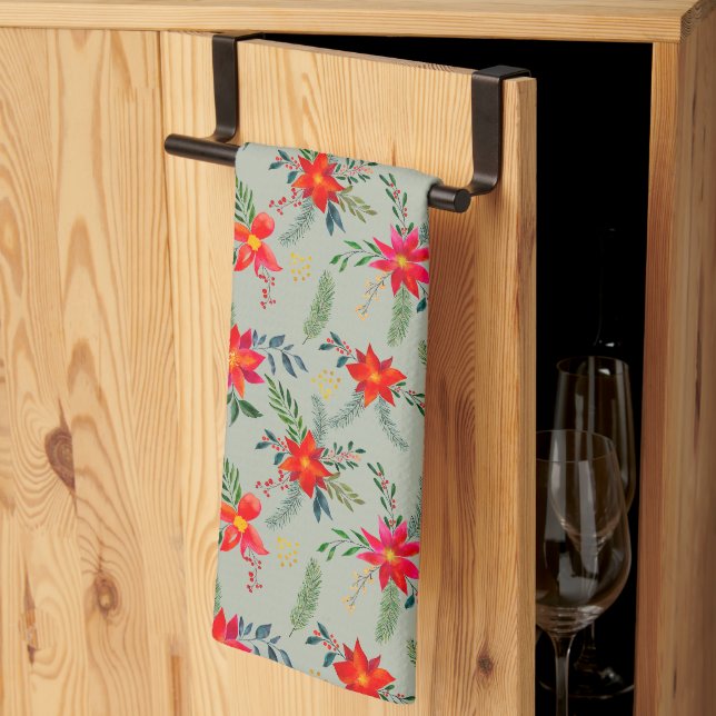 Linge De Cuisine Flore de Noël Rouge Poinsettia (Pliage en tiers)