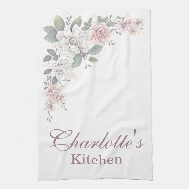 Linge De Cuisine Flore Rose classique rose et ivoire (Vertical)