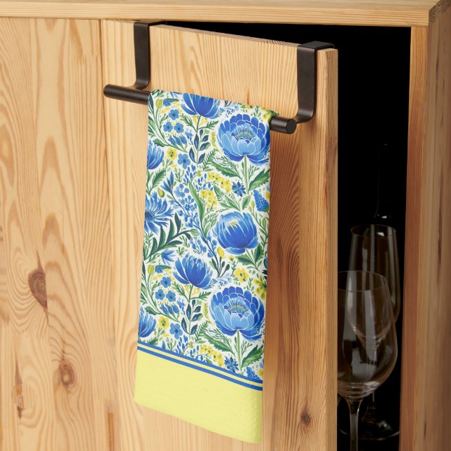 Linge De Cuisine Flores Jaunes Et Bleues (Pliage en tiers)
