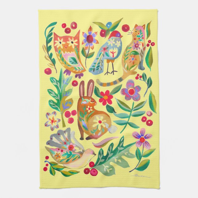 Linge De Cuisine Folk Art Floral Animal Friends Pale Jaune (Vertical)