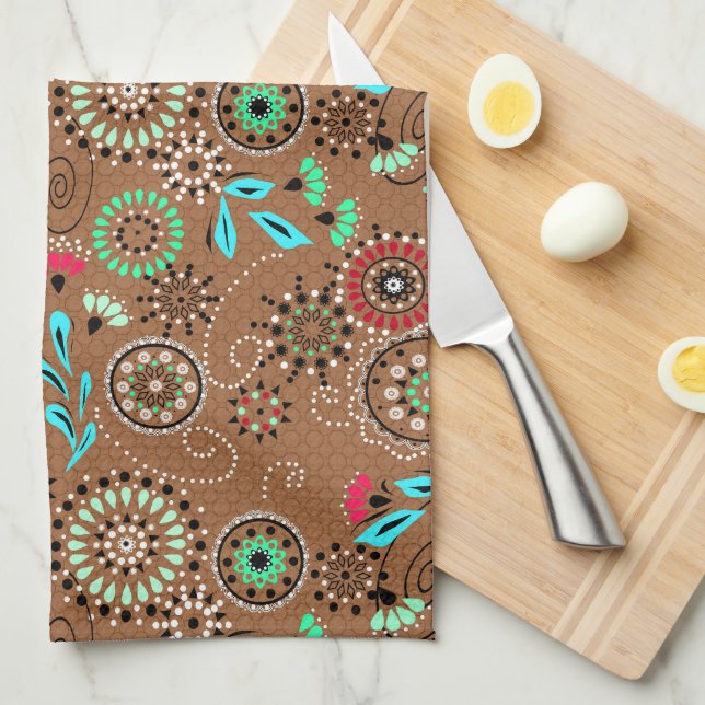 Linge De Cuisine Folk ethnique abstrait motif floral brun rétro (Quart Plié)
