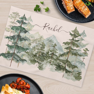 Linge De Cuisine Forêt de pins et montagne rustique à l'aquarelle