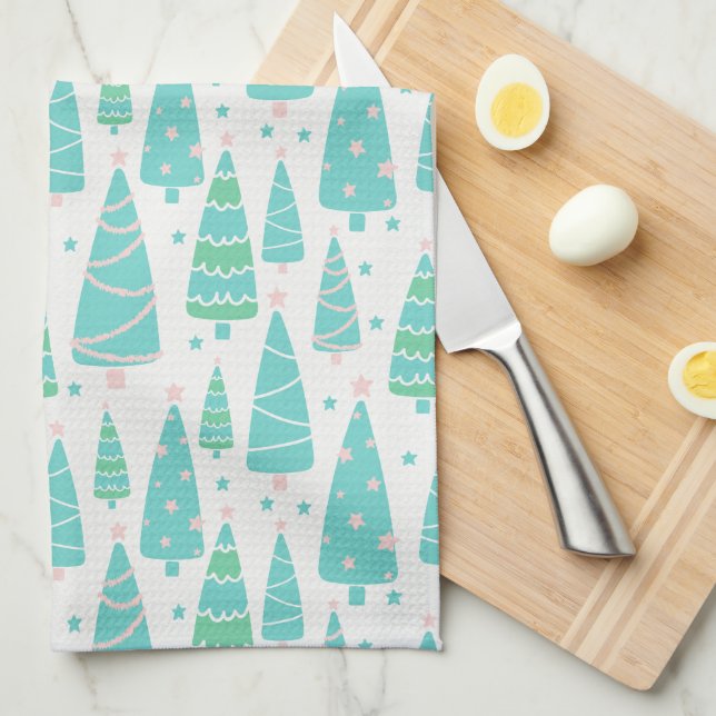 Linge De Cuisine Forêt de sapins de Noël Pastel (Quart Plié)