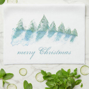 Linge De Cuisine Forêt d'hiver avec Aquarelle de neige Noël