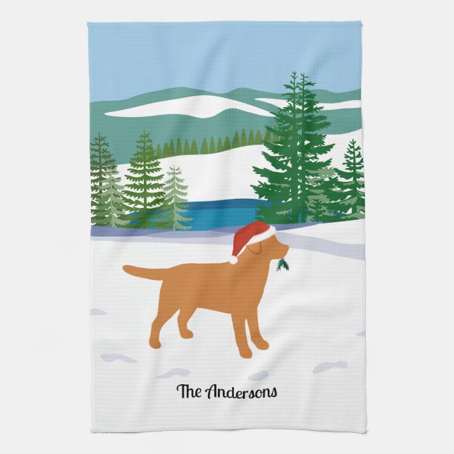 Linge De Cuisine Fox Red Labrador Noël À feuillage persistant Santa (Vertical)