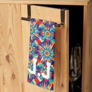 Linge De Cuisine Fractale de lumière multicolore géométrique vive t